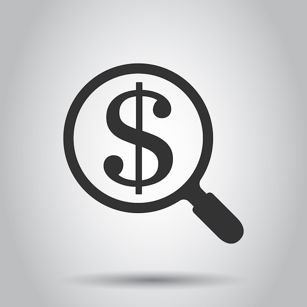 Magnificación de vidrio con icono de signo de dólar en estilo plano Ilustración vectorial de dinero de lupa en fondo blanco Concepto de negocio de factura de búsqueda