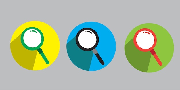 Magnificador plano Icono de lupa Icono de vidrio magnificador Vector estilo plano para búsqueda enfoque zoom negocio 3 colores