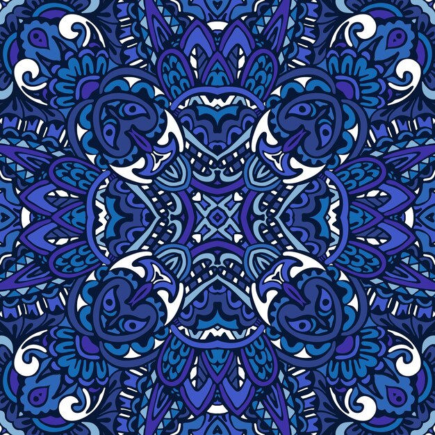 Magnífico patrón sin costuras de azulejos orientales de mezclilla azul, adornos.