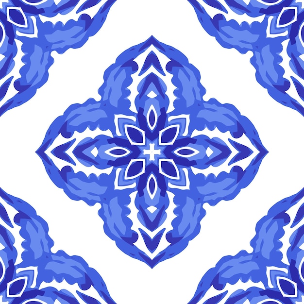 Magnífico patrón de Vector abstracto étnico azul transparente. Diseño de azulejo de pared geométrico azul y blanco portugués