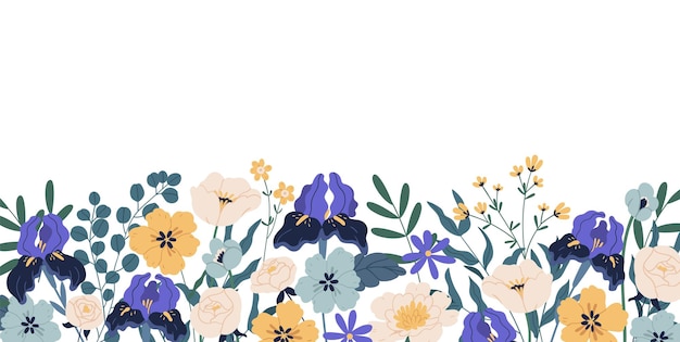 Magnífico telón de fondo floral con borde de flores y hojas florecientes. Diseño de banner horizontal con elegantes lirios y rosas aisladas sobre fondo blanco. Ilustración de vector plano colorido.