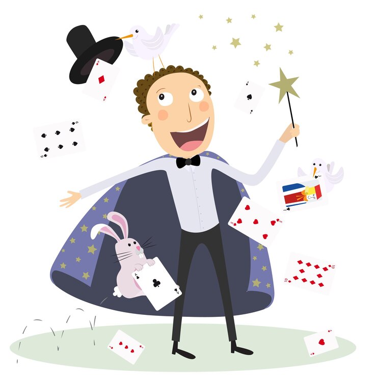 Vector un mago de circo jugando con palomas de cartas y conejos ilustración vectorial