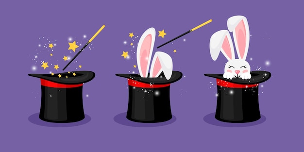 Mago conjurar cilindro Sombrero mágico con orejas de conejo ilustración vectorial Sombrero de mago con conejo Espectáculo de circo varita abracadabra