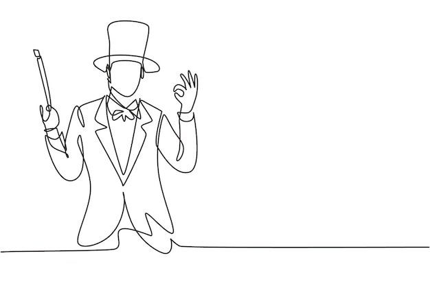 Mago de dibujo continuo de una línea con sombrero y sosteniendo ilustración de vector de diseño de varita mágica