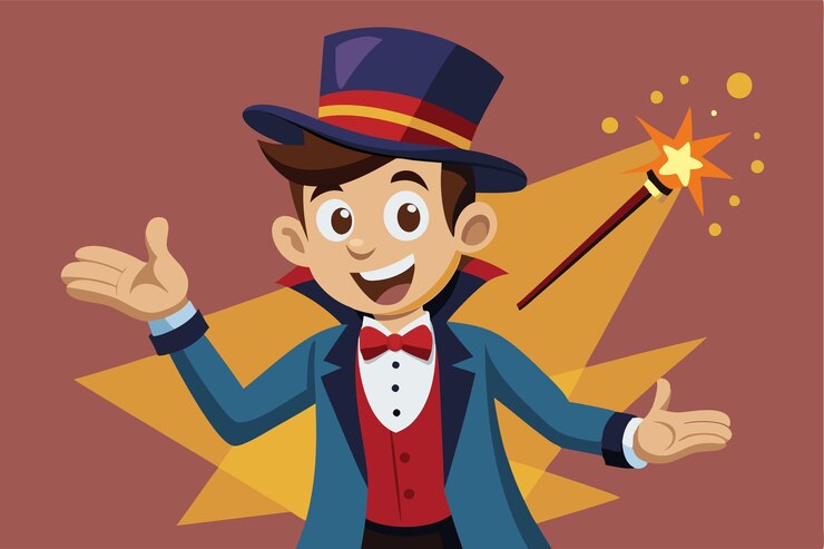 Vector el mago de dibujos animados sonríe y hace gestos mostrando sus habilidades mágicas contra un telón de fondo colorido un personaje de caricaturas mago mostrando el gesto de la mano