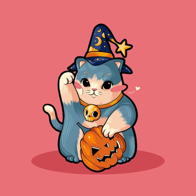 Vector mago gato bruja gracioso lindo disfraz de halloween