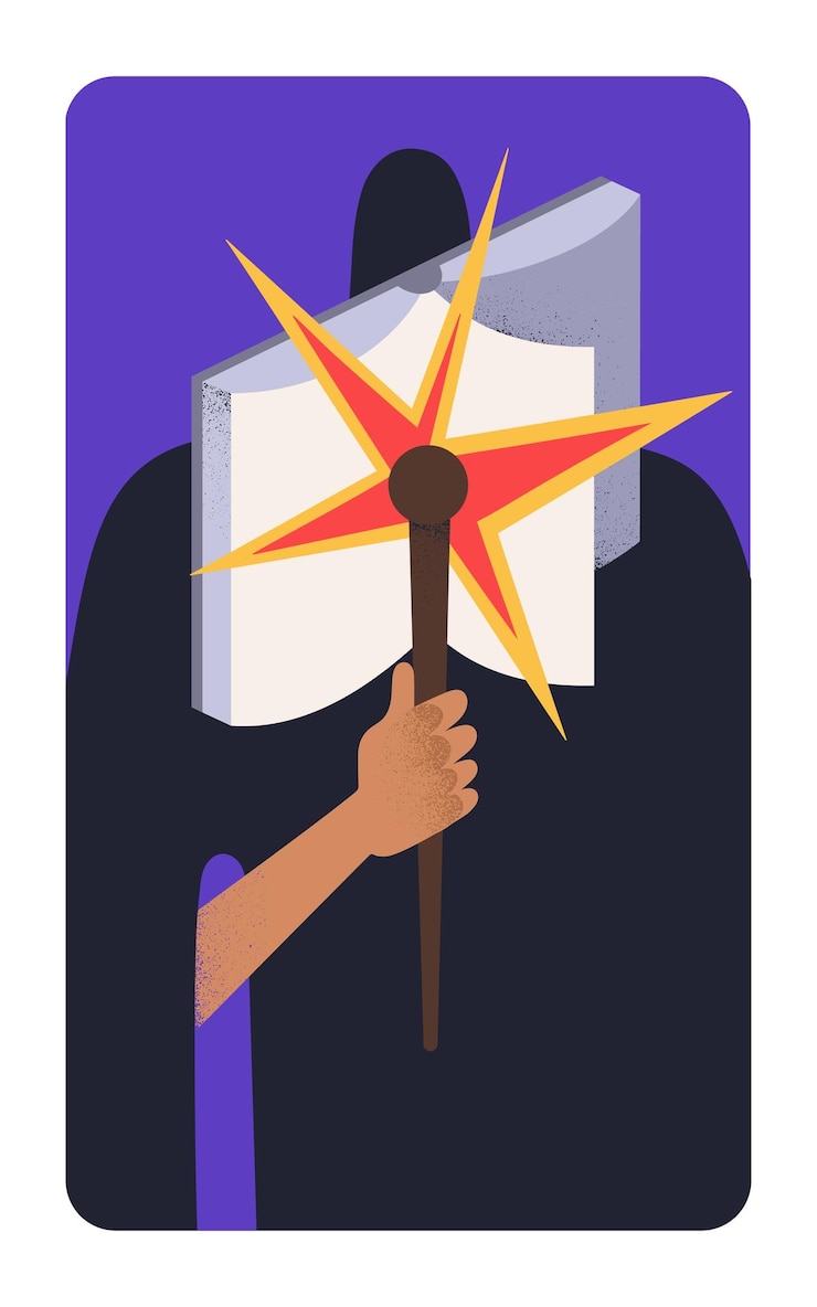 Vector mago con libro mágico y varita mágica, carta mágica. mago y conocimiento secreto. misterio, hechicería, carácter misterioso esotérico en túnica y concepto de predicción espiritual. ilustración vectorial plana