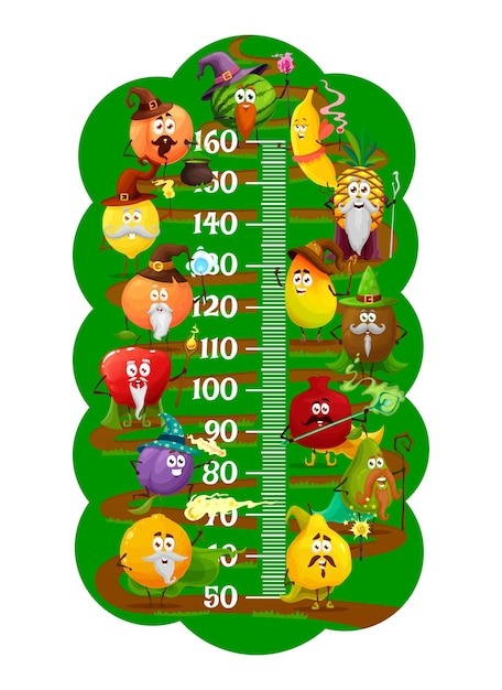 Mago del mago de la fruta de dibujos animados en la tabla de altura del niño