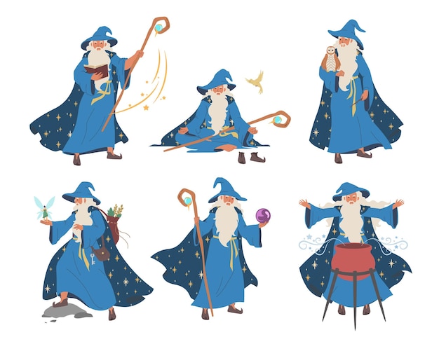 Mago mago personaje de dibujos animados conjunto plana ilustración vectorial hombre de barba vieja en azul magos túnica sombrero hechicero con varita mágica caldero misterio fantasía brujería magia Merlín hechizos