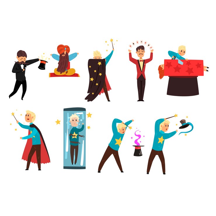 Vector mago mostrando trucos y enfoques conjunto de ilustraciones aisladas sobre fondo blanco