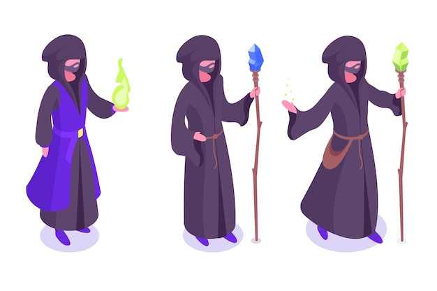 Magos de brujería isométrica personajes magos practicantes de magia negra magos con bastón mágico conjunto de ilustraciones vectoriales 3d