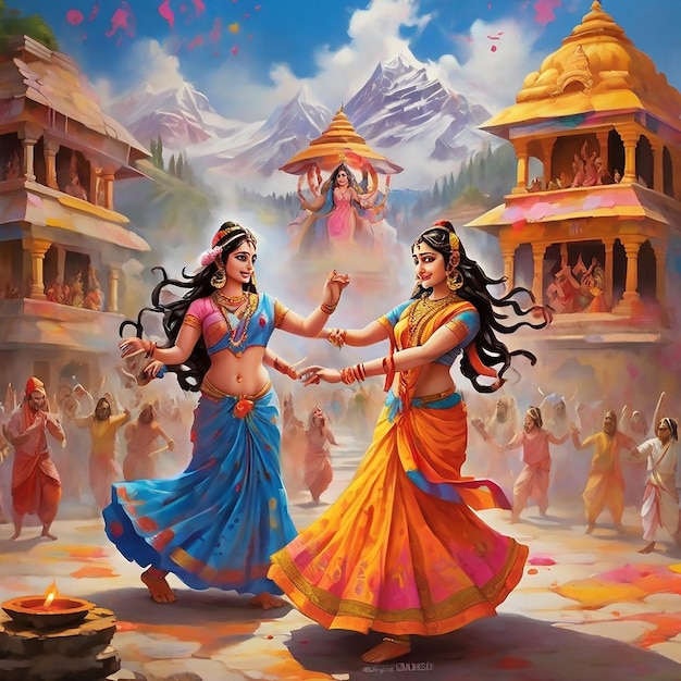 Mahadev y Mata Parbati juegan Holi juntos bailando