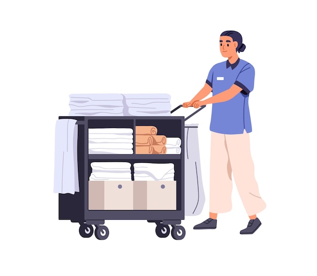 Maid de hotel con toallas limpias ropa de cama en el carrito Trabajador del albergue con carrito de empuje lavandería para la limpieza de lavado y basura Servizo de habitaciones de camarera Ilustración vectorial plana aislada sobre fondo blanco