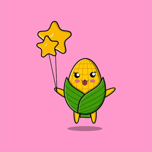 Maíz de dibujos animados lindo flotando con ilustración de vector de dibujos animados de globo de estrella en concepto estilo de dibujos animados 3d