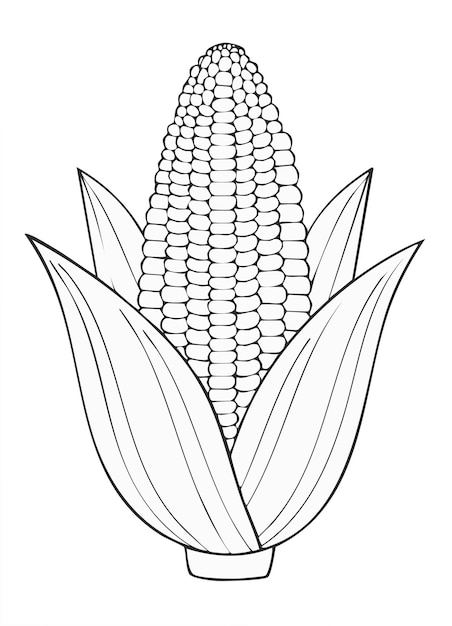 Maíz, verduras, especias, comida vegana, comidas saludables, páginas de libros para niños para colorear en blanco y negro, monocromo.