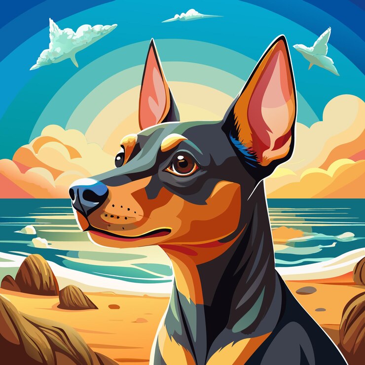 Vector majestic portrait vector art of miniature pinscher dog en un paisaje soleado