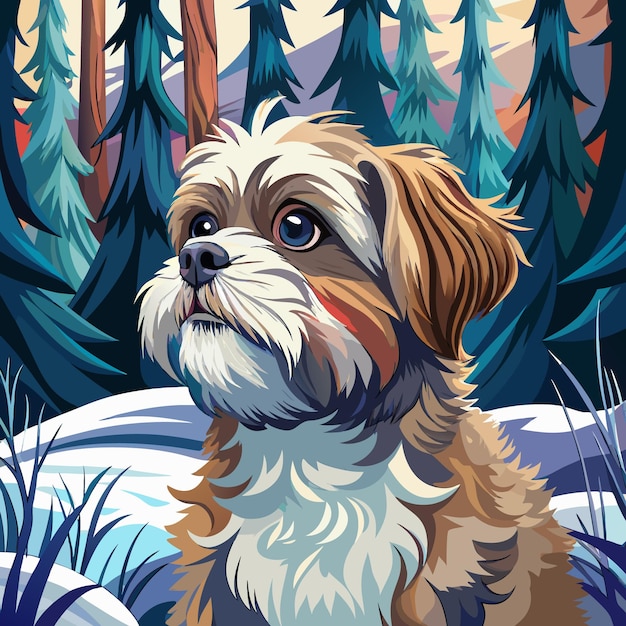 Majestic Portrait Vector Art del perro Shih Tzu en un paisaje nevado