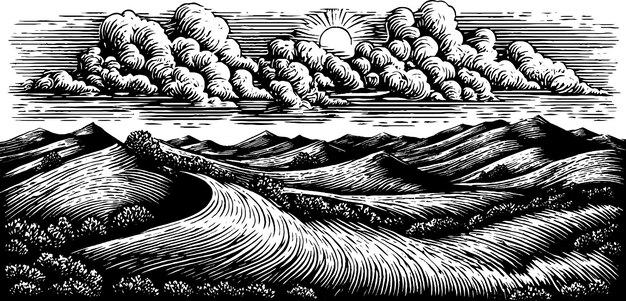 Majestic sand dunes and sunburst scene in black and white for desert exploration art