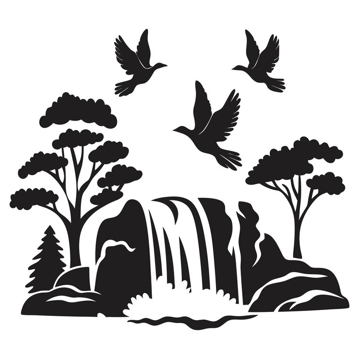 Majestic Waterfall con aves voladoras Vector de silueta