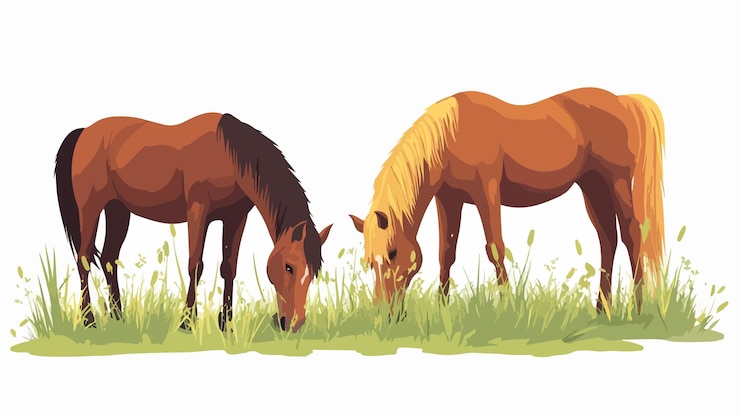 Vector majestico caballo marrón de pie en un campo de hierba verde con otro