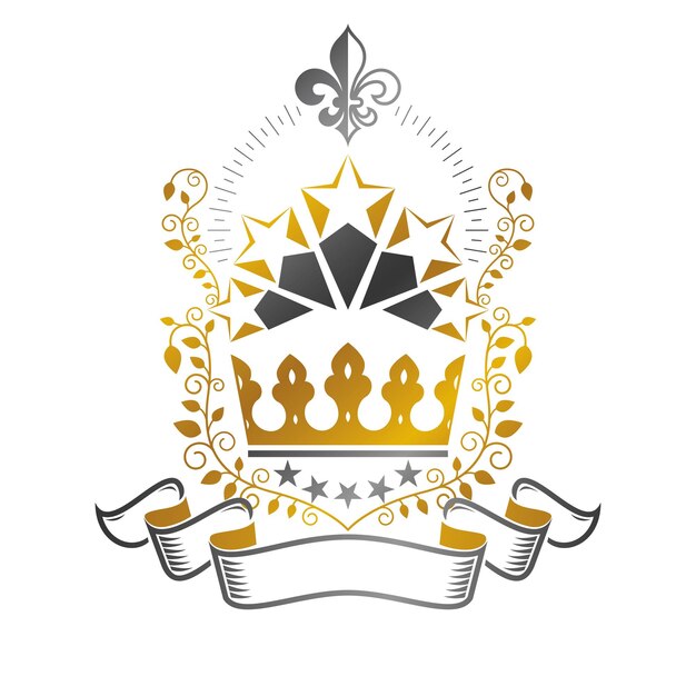 Vector majestuoso emblema de la corona. logotipo decorativo del escudo de armas heráldico aislado ilustración vectorial. logotipo antiguo sobre fondo blanco.