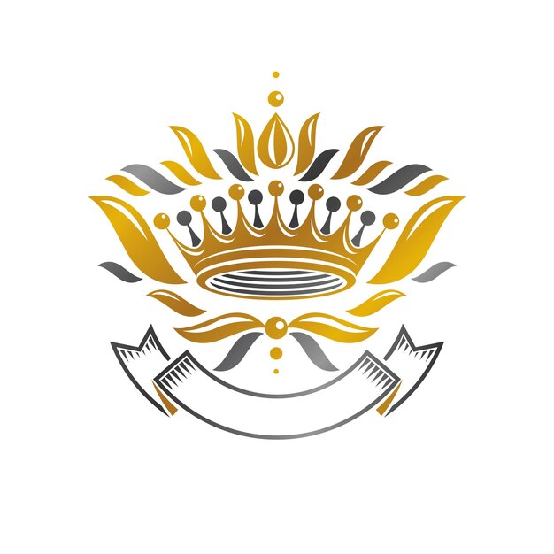 Majestuoso emblema de la corona. El logotipo decorativo heráldico del escudo de armas aisló el ejemplo del vector. Logotipo adornado sobre fondo blanco.