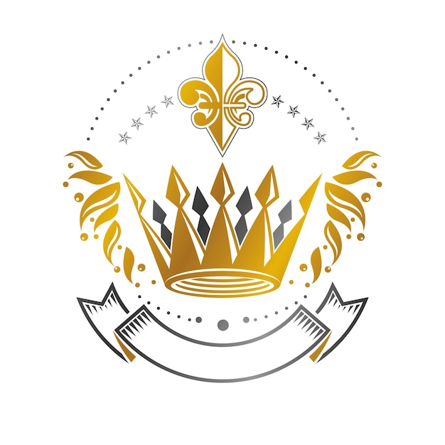 Majestuoso emblema de la corona. El logotipo decorativo heráldico del escudo de armas aisló el ejemplo del vector. Logotipo retro sobre fondo blanco.