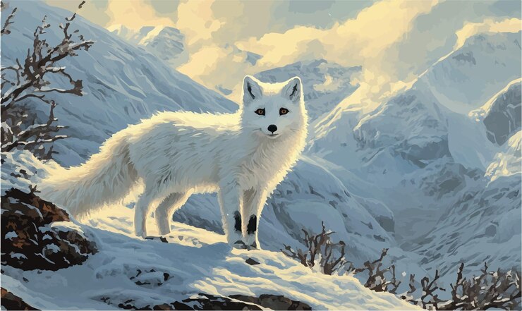 Vector el majestuoso y esponjoso zorro ártico en un paisaje nevado