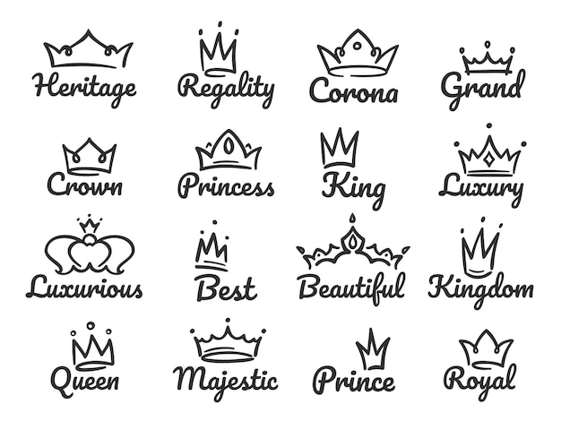 Majestuoso logotipo de la corona. boceto príncipe y princesa, signo de reina dibujado a mano o conjunto de ilustración de graffiti de coronas de rey