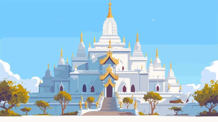 Vector el majestuoso panorama de la pagoda hsinbyume en mingun mandalay, myanmar