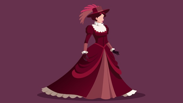 Vector un majestuoso vestido victoriano en borgoña profunda con un ajuste de bullicio y encaje emparejado con guantes de longitud de opera