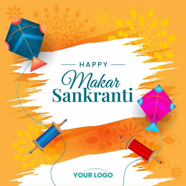 Makar Sankranti con cometas mandala amarilla de fondo festivo vector
