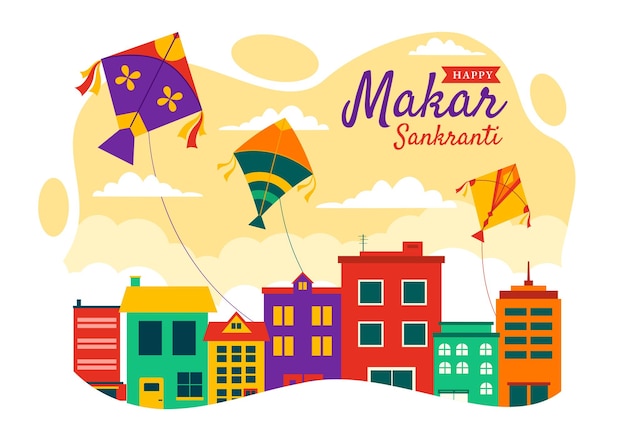 Makar Sankranti Ilustración Traducción Festival de la cosecha Festivo indio con cometas voladores de colores