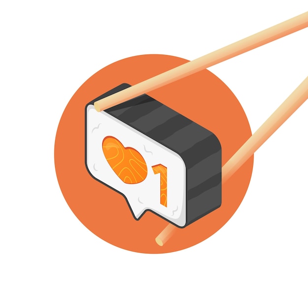 Vector maki roll con el símbolo del corazón dentro del concepto de redes sociales con un cartel como chopsticks hold sushi