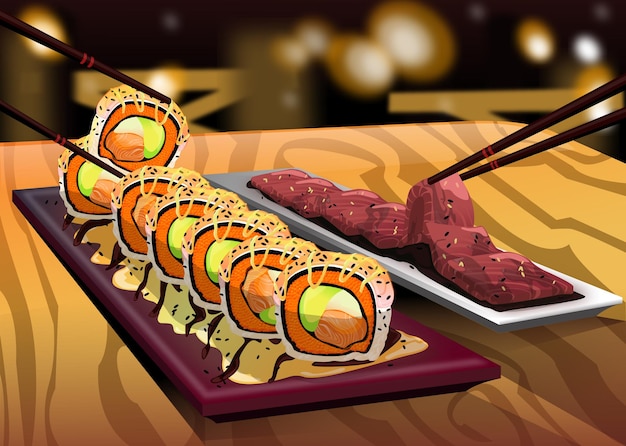 Maki sushi y sashimi en una ilustración de vector de mesa de madera