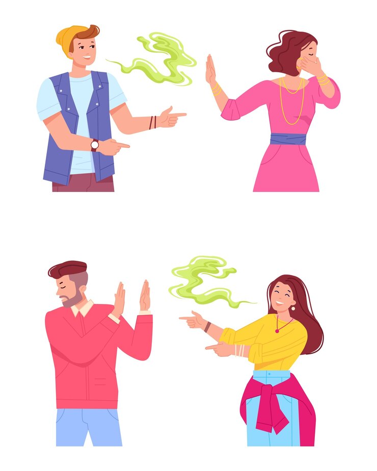 Vector mal aliento mal aliento hombre y mujer hombre mujer halitosis olor repugnante de la boca después de la comida o los cigarrillos olor a bacterias enfermedad higiene dientes malos ilustración vectorial