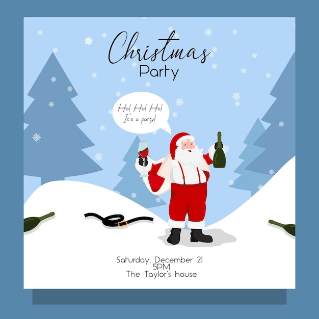 Mal divertido borracho Papá Noel bebiendo tarjeta de invitación a la fiesta