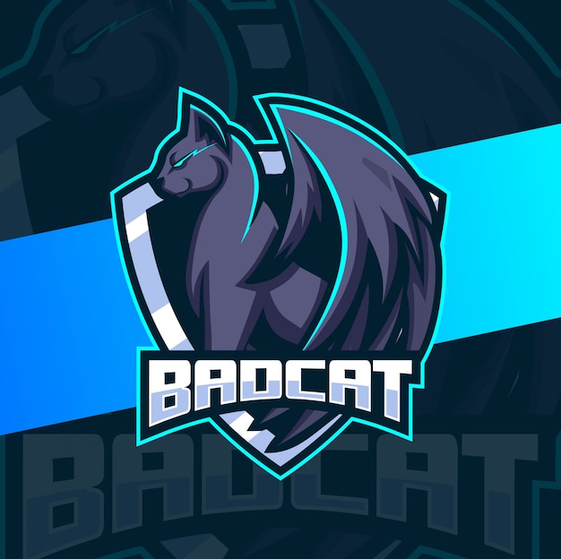 Mal gato negro con alas mascota diseño de logotipo de esport