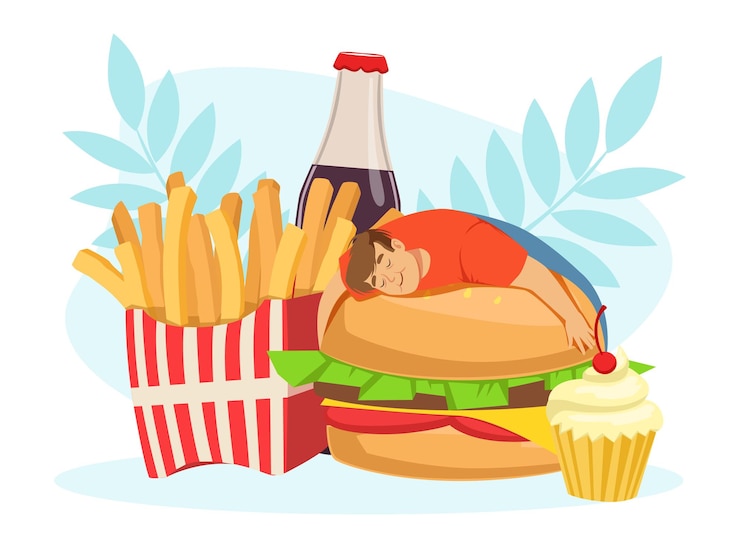 Vector mal hábito con el hombre gordo adicto a la comida rápida abrazando la ilustración vectorial de la hamburguesa