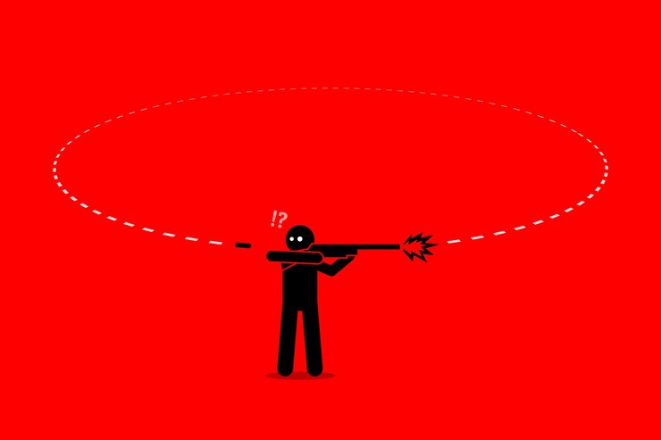 Vector mal karma del hombre. un hombre disparando una bala con una pistola tratando de matar a alguien. sin embargo, la bala regresa y lo golpea por la espalda.