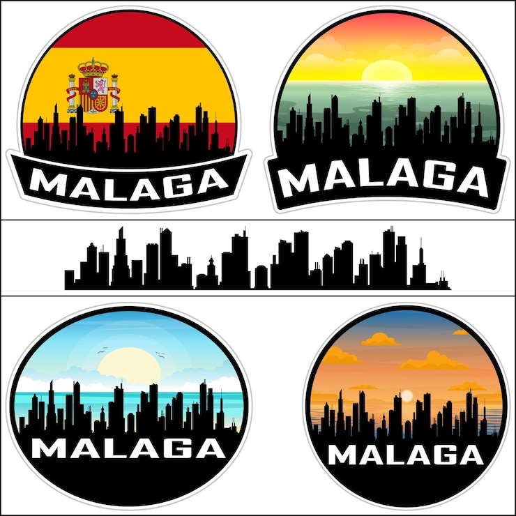 Vector malaga españa bandera horizonte paisaje urbano silueta viaje recuerdo pegatina puesta de sol vector aislado