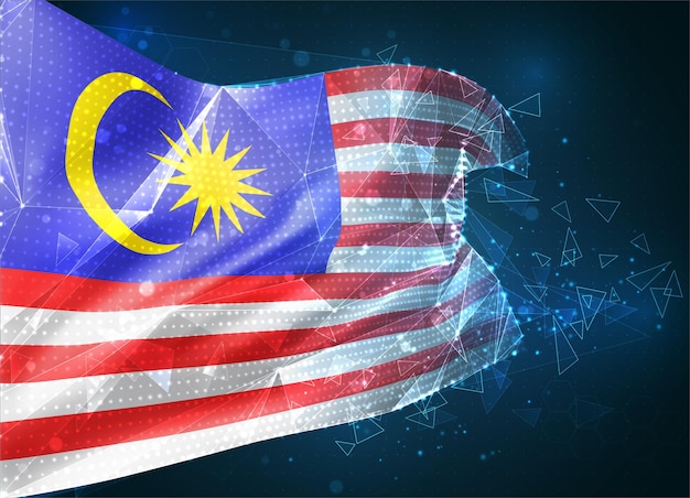 Malasia, bandera vectorial, objeto virtual abstracto 3D de polígonos triangulares sobre un fondo azul.