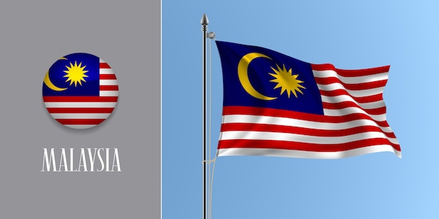Malasia ondeando la bandera en el asta de la bandera y la ilustración del icono redondo