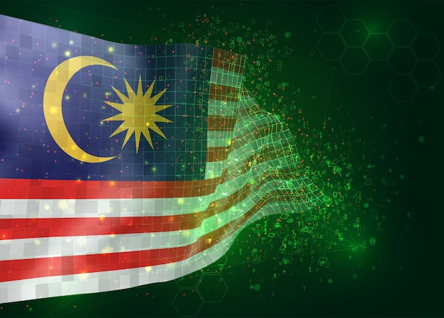 Malasia, en vector bandera 3d sobre fondo verde con polígonos y números de datos