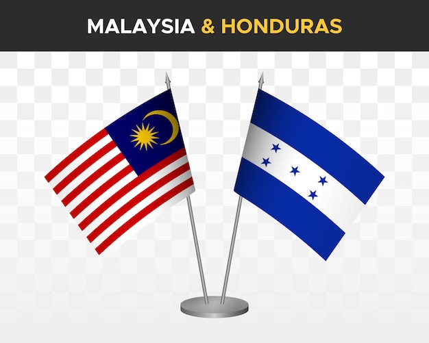 Malasia vs honduras maqueta de banderas de escritorio aislado en blanco. banderas de mesa de ilustración vectorial 3d