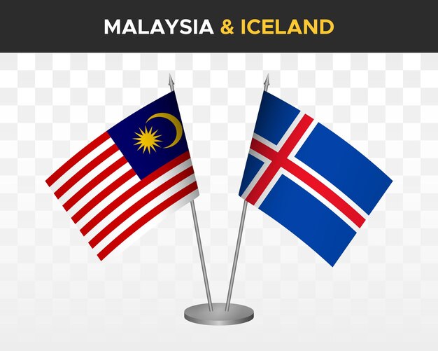 Malasia vs Islandia maqueta de banderas de escritorio aislado en blanco. banderas de mesa de ilustración vectorial 3d