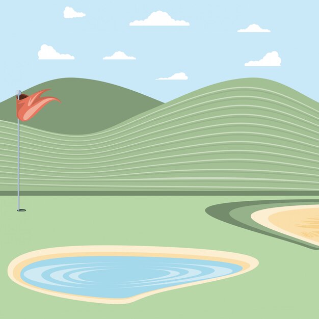 Vector maldición de golf con trampa de arena y lago