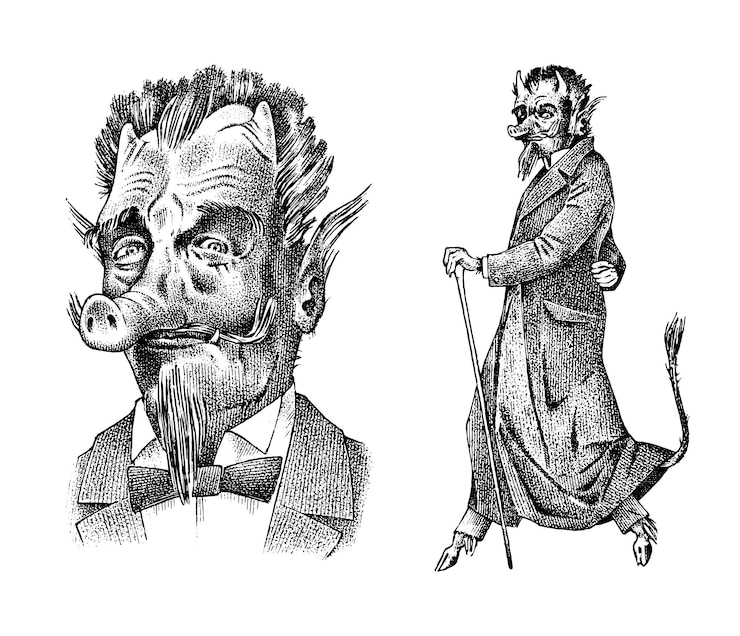 Vector maldito o demonio con cuernos y nariz de cerdo en estilo vintage personaje imaginario místico en estilo retro antiguo criatura de fantasía grabada dibujo vectorial dibujado a mano