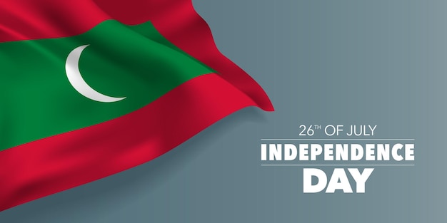 Maldivas feliz día de la independencia tarjeta de felicitación, banner con ilustración de vector de texto de plantilla. día festivo conmemorativo de maldivas 26 de julio elemento de diseño con bandera con media luna