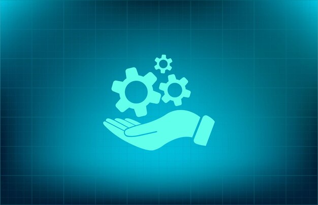 Male hand holding three metallic gears together on a blue background